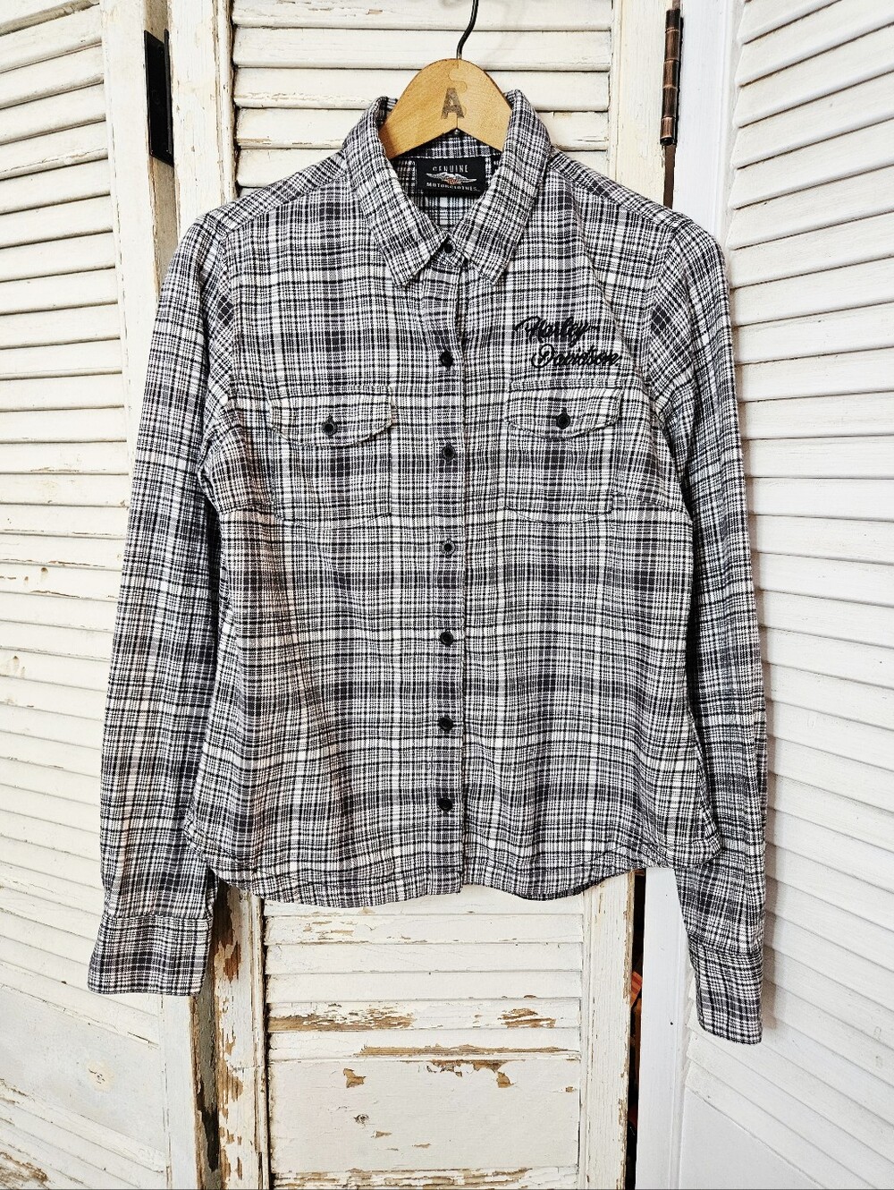 Harley-Davidson 100% Cotton Black And White Plaid Flannel With Back Cresr Small